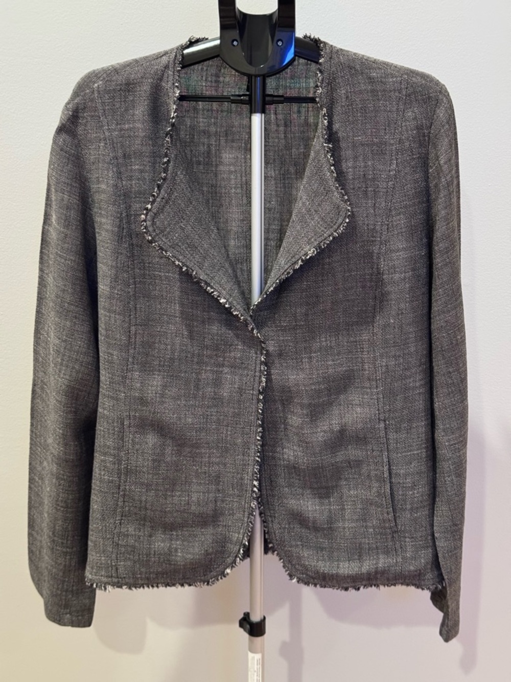 Eileen Fisher Women's Grey Tweed Open-Front Frayed-Edge Blazer